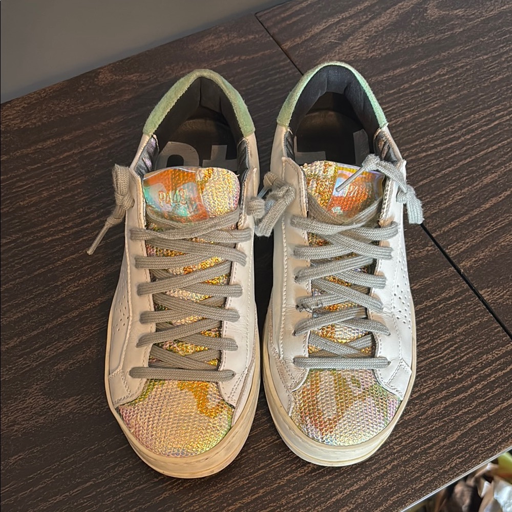 P448 Women's White Sneakers with Iridescent Gold-Pink Panels and Mint Heel
